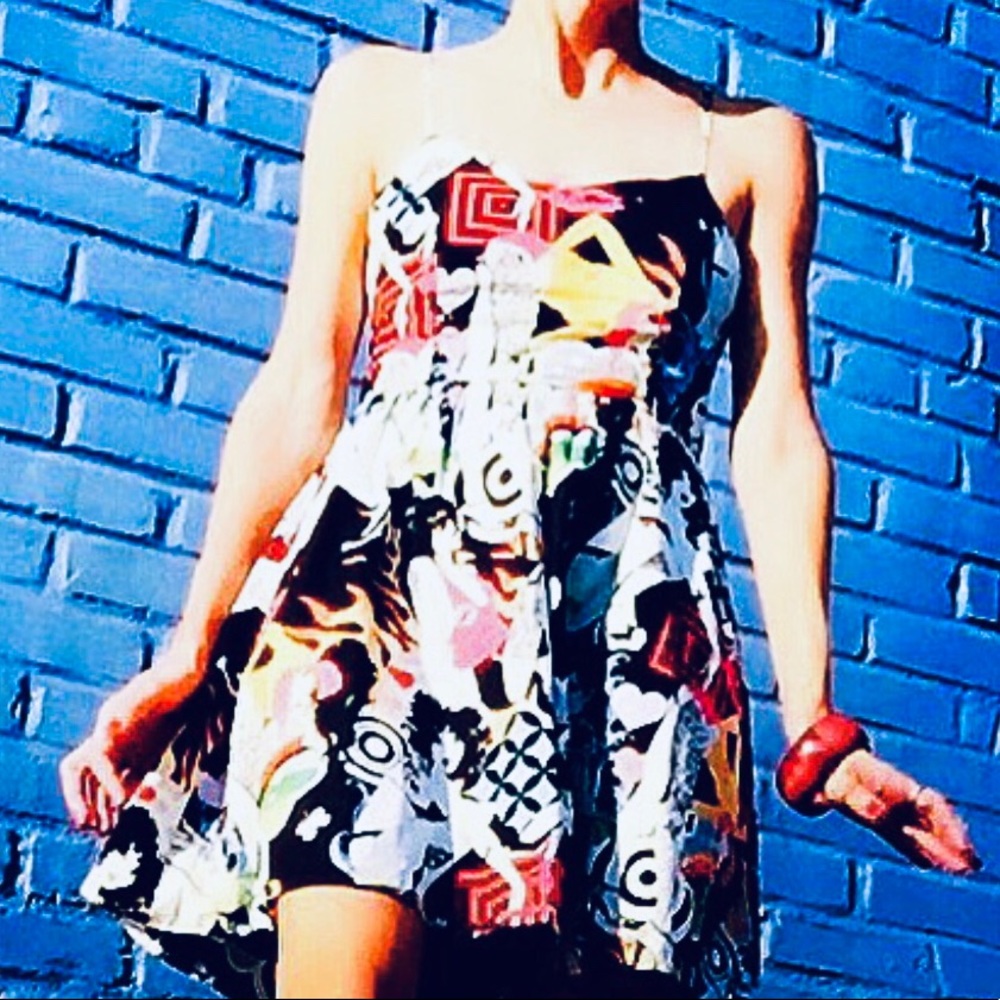 Fun summer sundress geometric colorful spaghetti strap cami printed mini dress